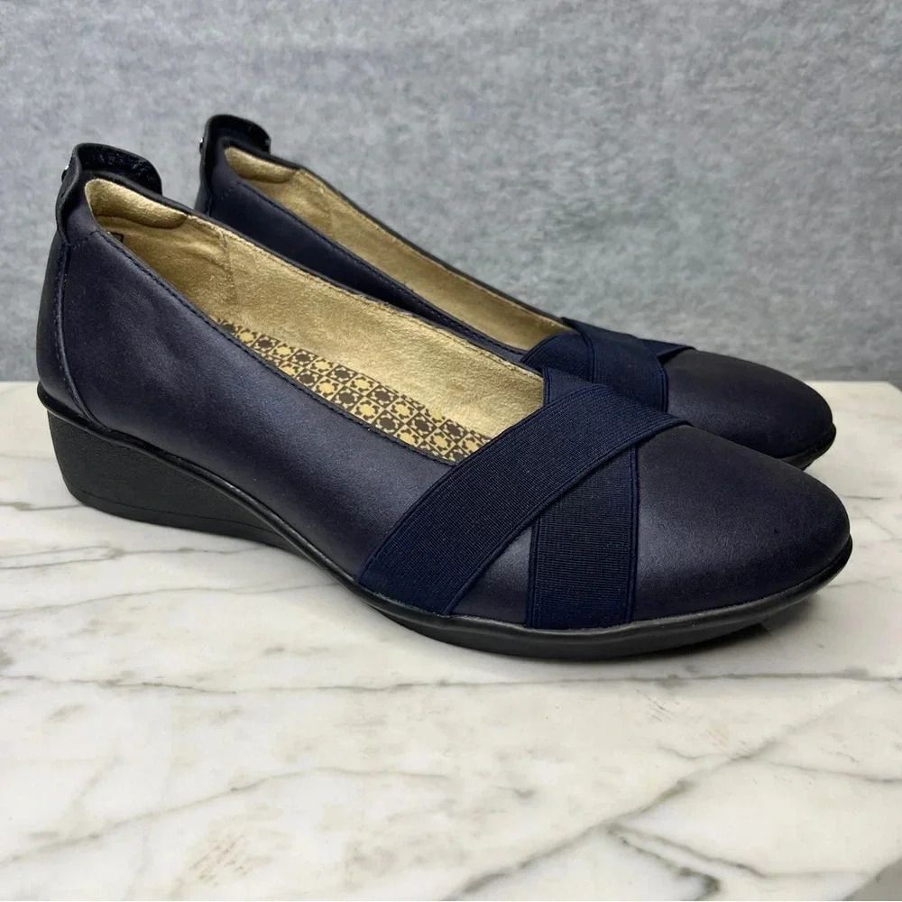 Revere‎ Women’s Wedge Loafers Navy Blue Leather Seoul Business Casual size 7